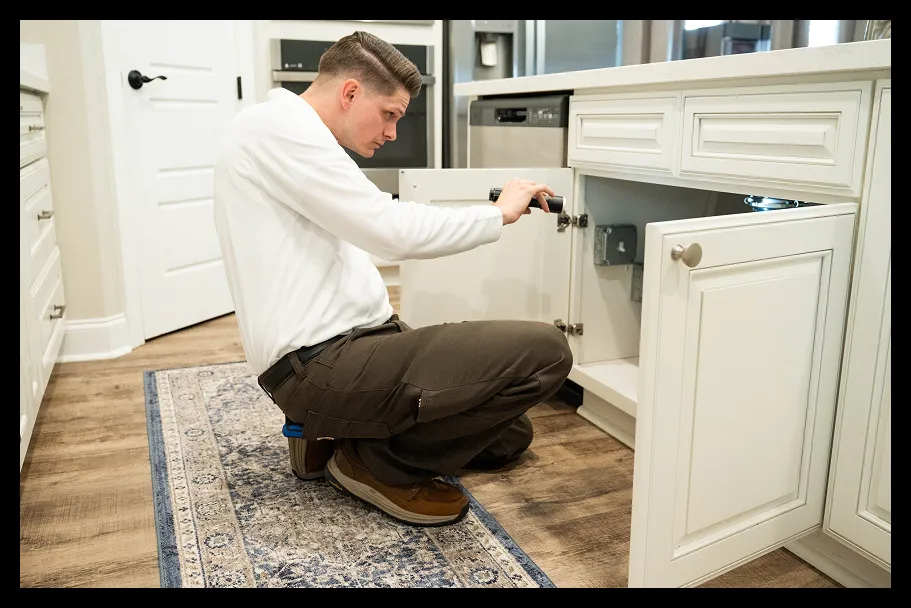 an employee inspecting under a sink for pests